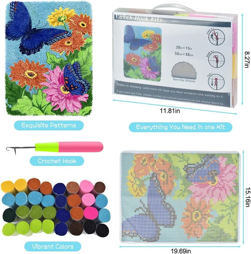 Yjunue Butterfly Floral Latch Hook Kits for Adults, DIY Crochet Yarn Rugs Hooking Craft Kit with Color Preprinted Pattern Design for Adults and Beginners(Butterfly, 20 x 15in) - Image 4